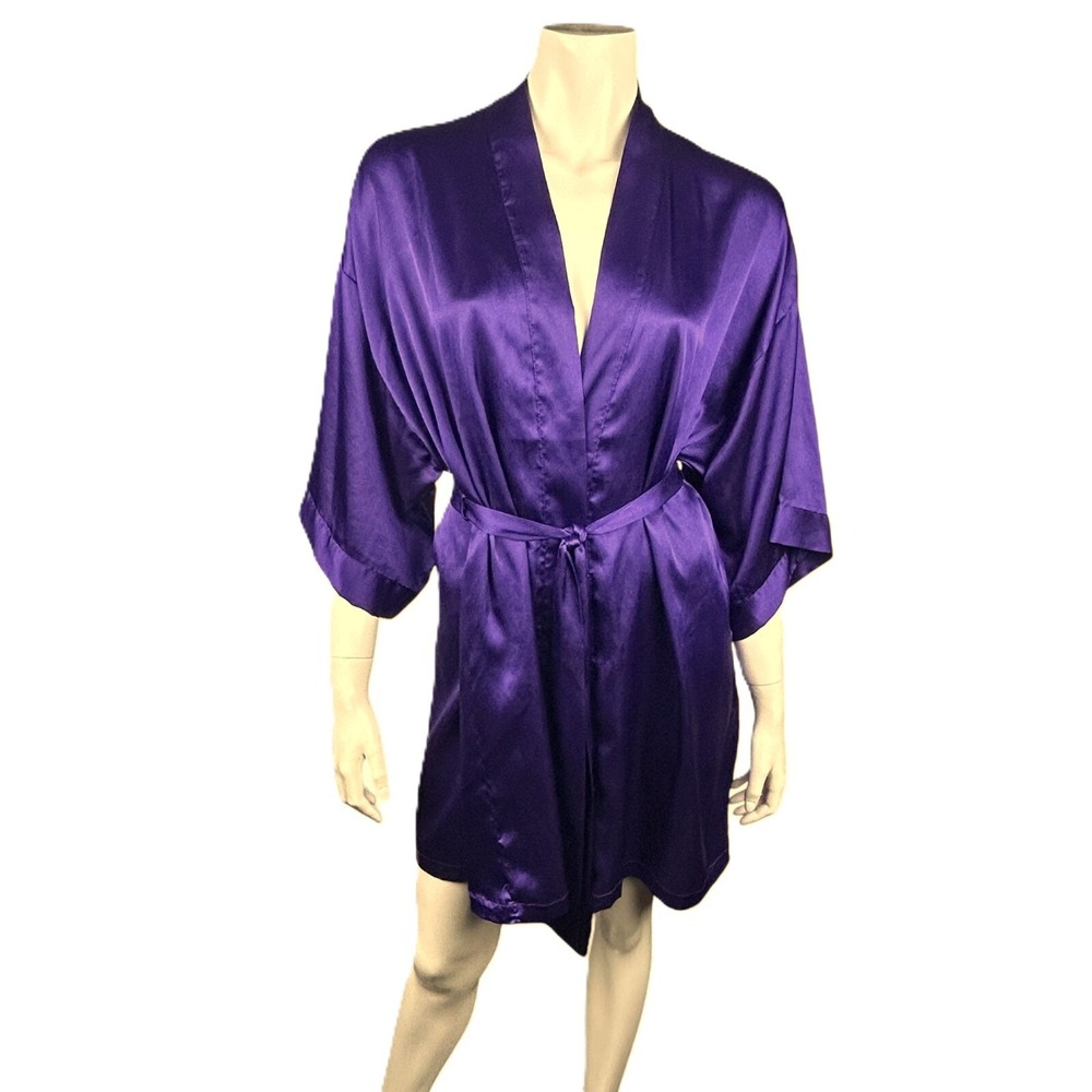 Victoria's Secret Kimono Robe M/L‎ Satin Purple Pockets Belted 3/4 Sleeves Short